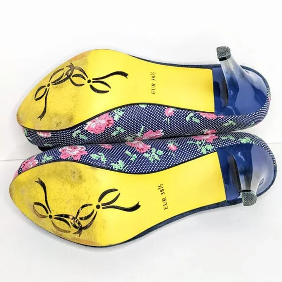 Poetic License Navy Floral Heel Womens 7.5 Peep Toe Suede Retro Party Pumps - Picture 8 of 8